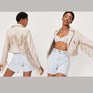 NWT Copperose Faux Leather Fringed Moto Jacket Women's S Cream